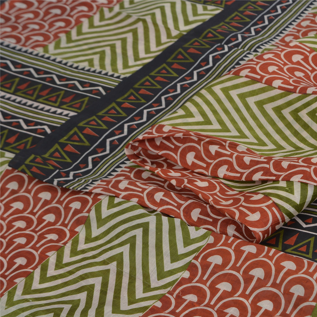 Sanskriti Vintage Sarees Green/Red Pure Silk Geometric Printed Sari Craft Sustainable Fabric