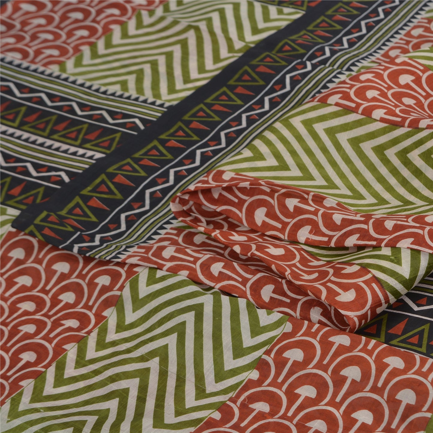 Sanskriti Vintage Sarees Green/Red Pure Silk Geometric Printed Sari Craft Sustainable Fabric