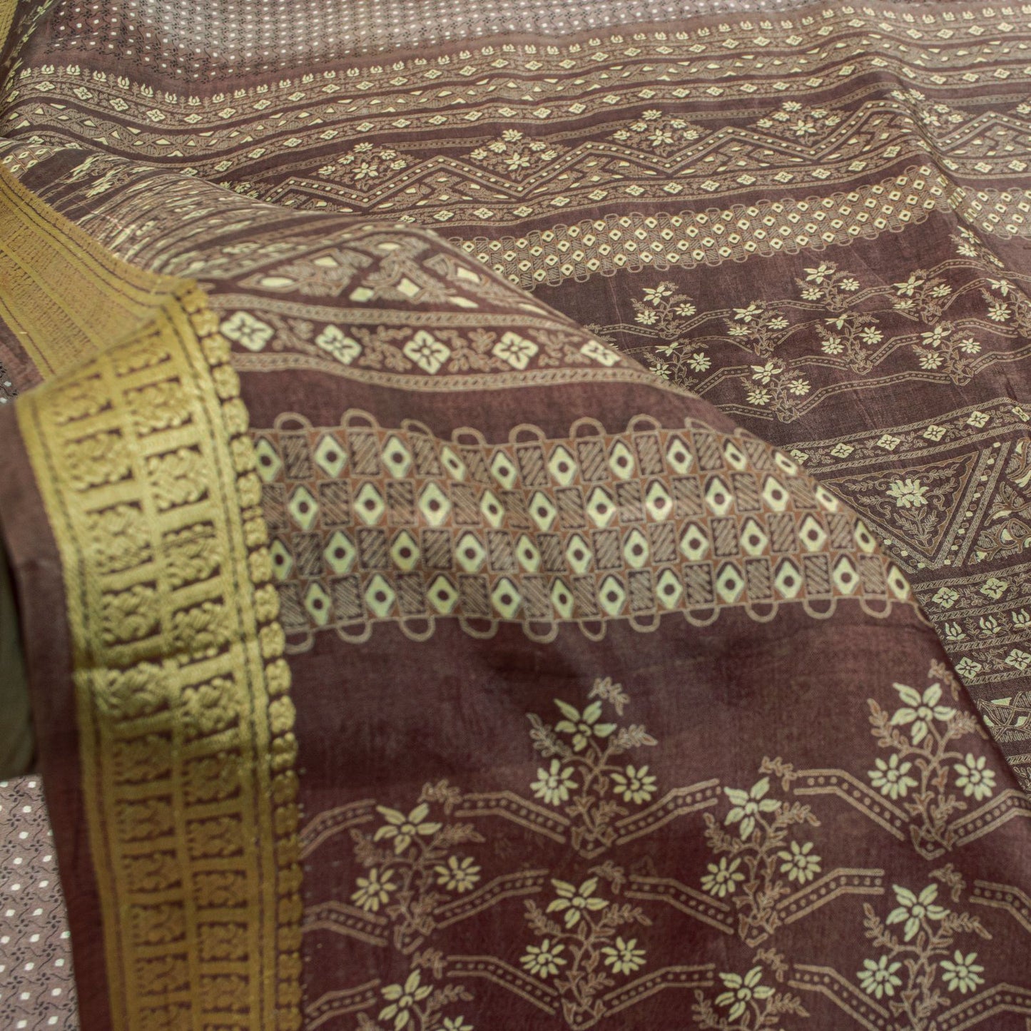 Sanskriti Vintage Saree Wine Soft 100% Pure Silk Floral Print Sari 5.5+Yd Fabric