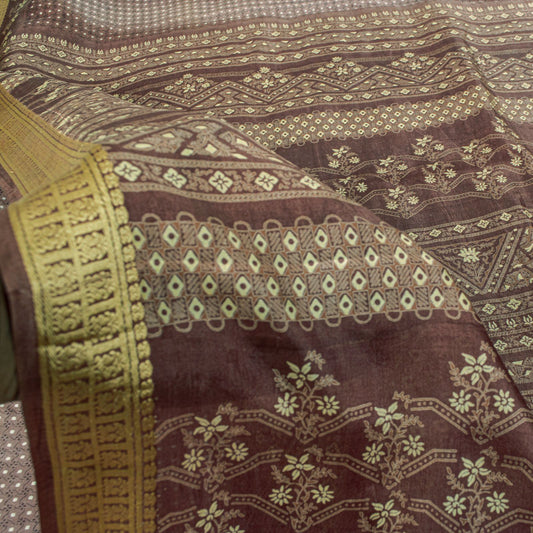 Sanskriti Vintage Saree Wine Soft 100% Pure Silk Floral Print Sari 5.5+Yd Fabric