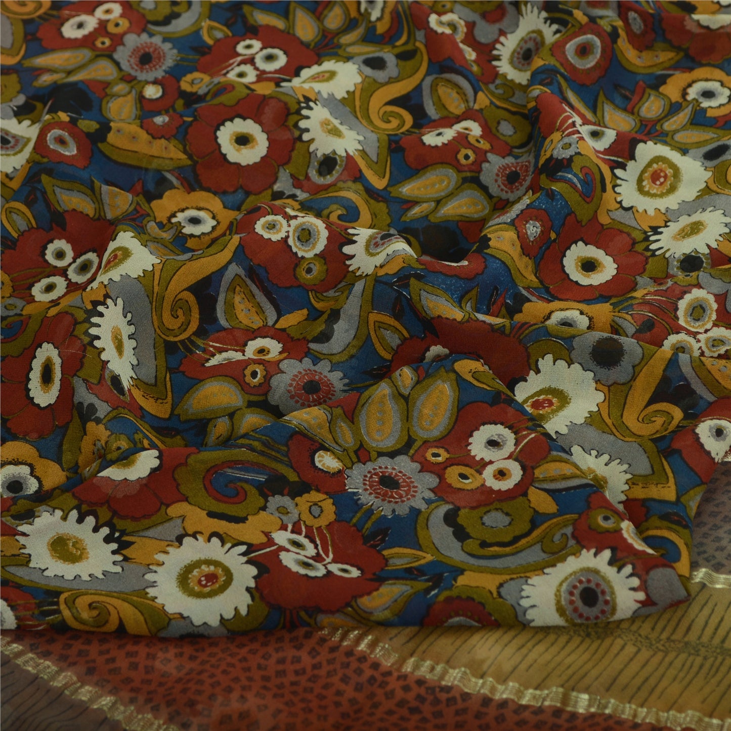 Санскрити Винтаж Сари Принт Синий Лоскутное Валяние Ремесло Экологичная Ткань Чистый Жоржет