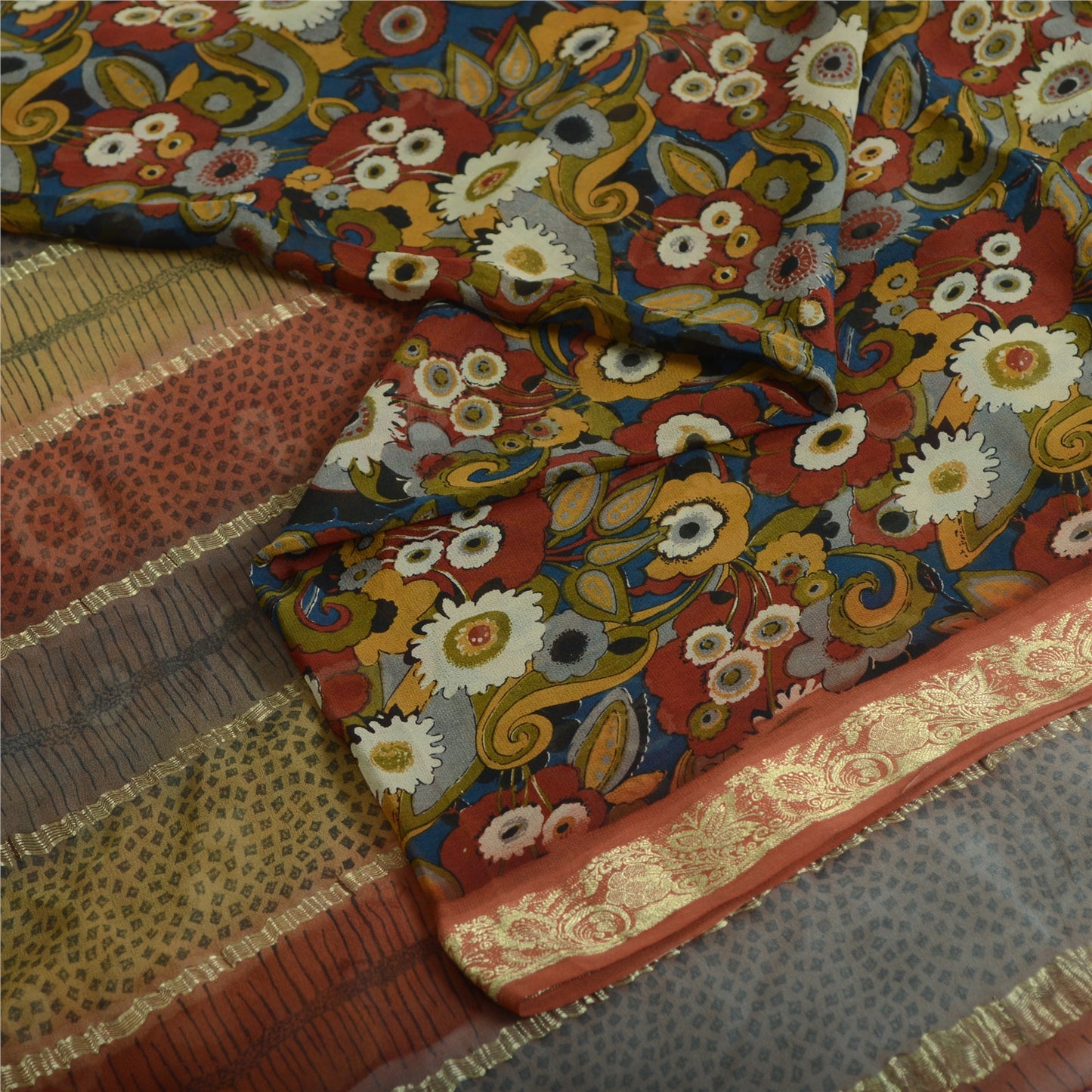 Санскрити Винтаж Сари Принт Синий Лоскутное Валяние Ремесло Экологичная Ткань Чистый Жоржет