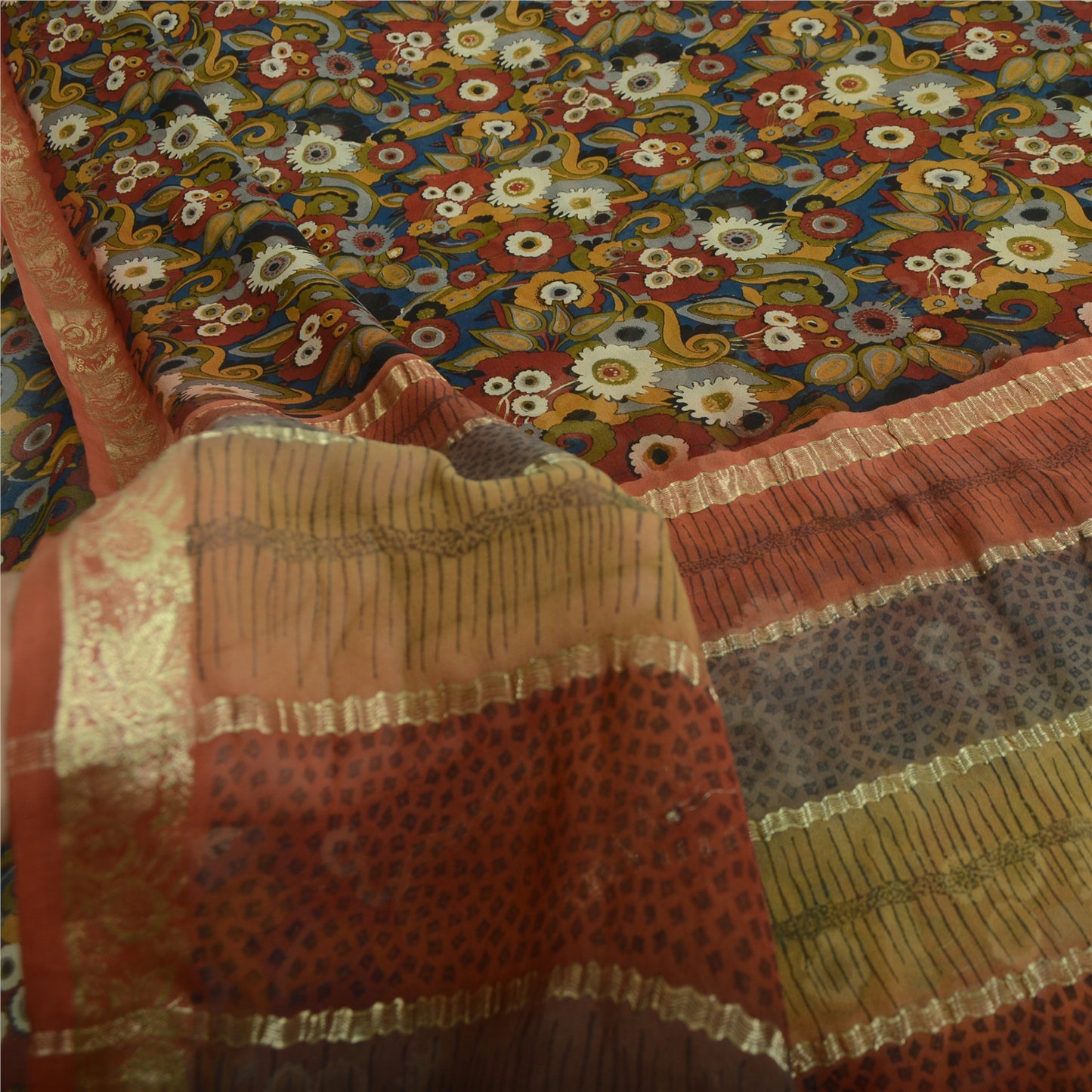 Санскрити Винтаж Сари Принт Синий Лоскутное Валяние Ремесло Экологичная Ткань Чистый Жоржет