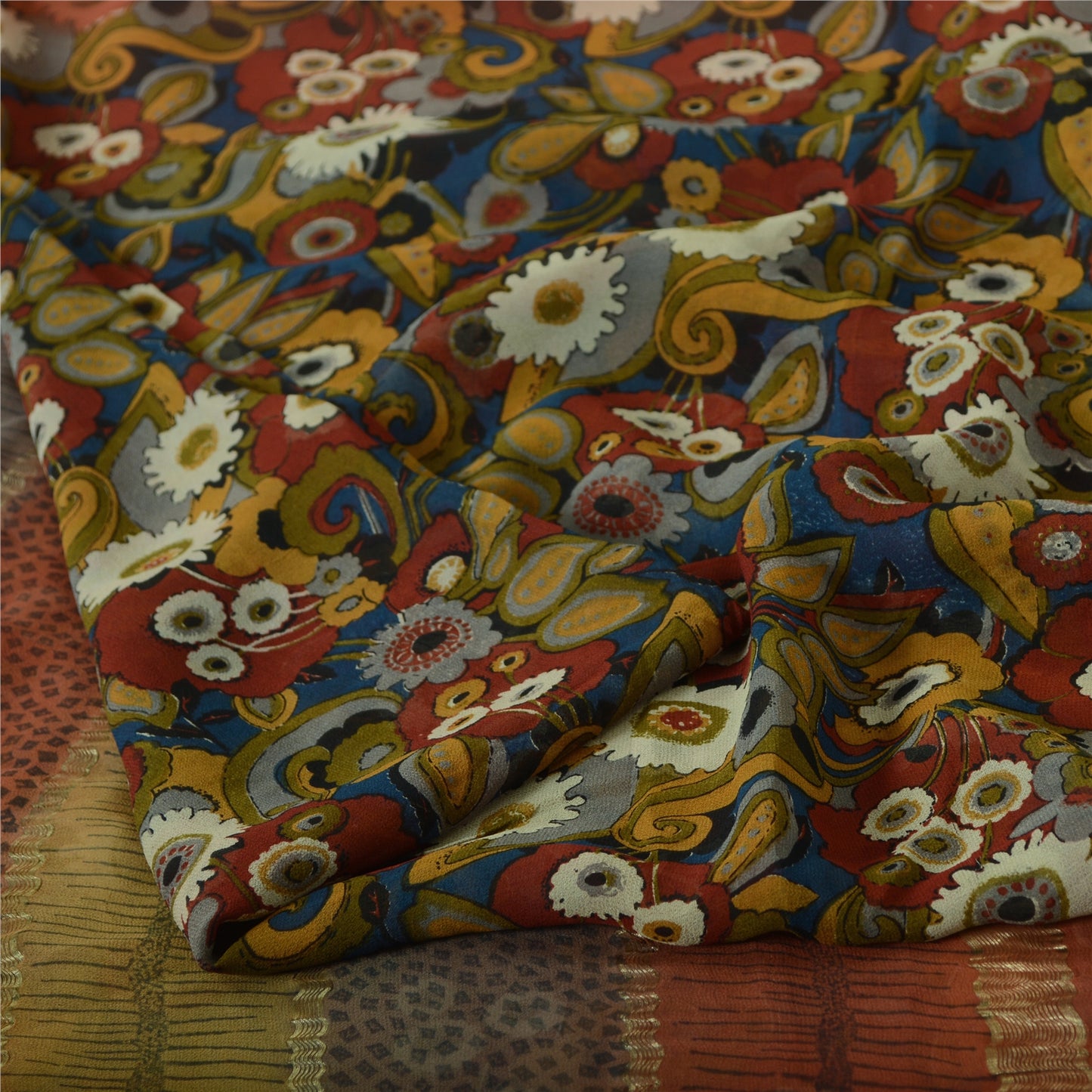 Санскрити Винтаж Сари Принт Синий Лоскутное Валяние Ремесло Экологичная Ткань Чистый Жоржет