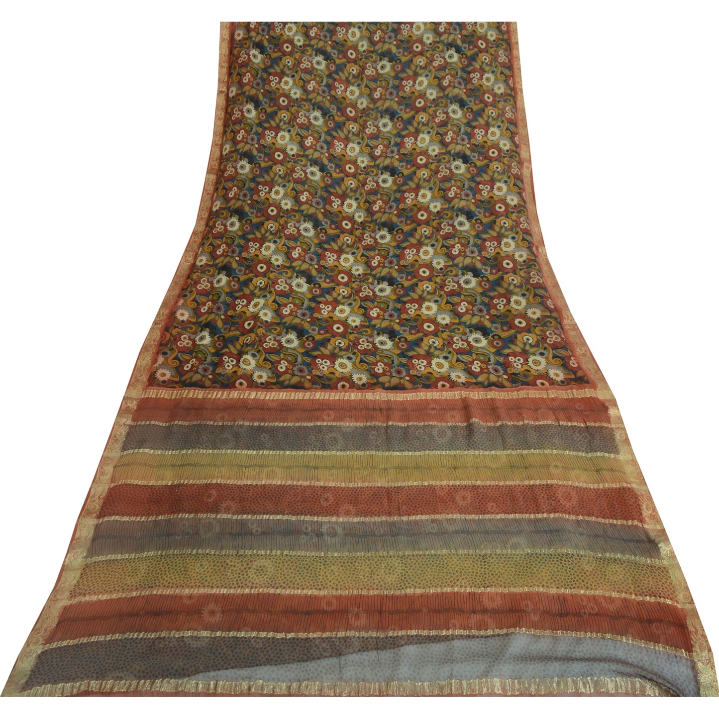 Санскрити Винтаж Сари Принт Синий Лоскутное Валяние Ремесло Экологичная Ткань Чистый Жоржет