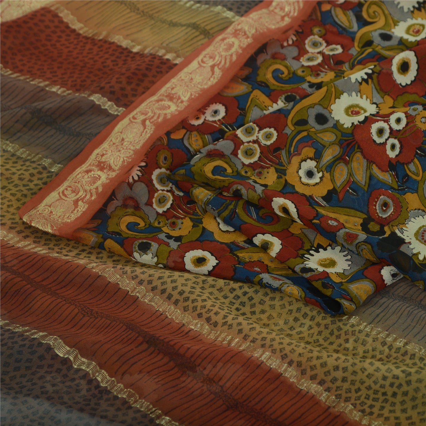 Санскрити Винтаж Сари Принт Синий Лоскутное Валяние Ремесло Экологичная Ткань Чистый Жоржет