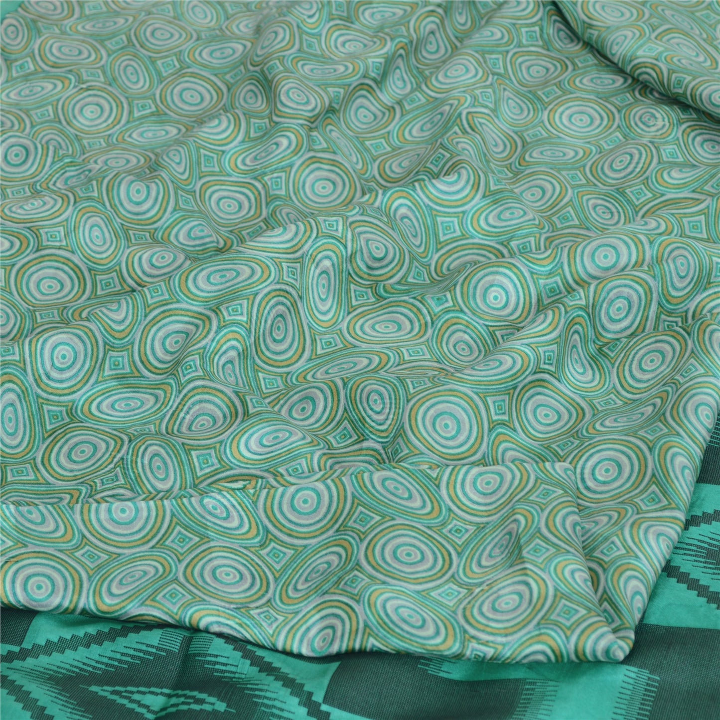 Sanskriti Vintage Sarees Sea-Green 100% Pure Silk Printed Sari 5yd Craft Sustainable Fabric