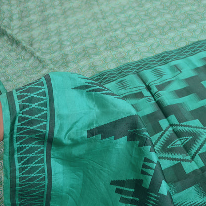 Sanskriti Vintage Sarees Sea-Green 100% Pure Silk Printed Sari 5yd Craft Sustainable Fabric
