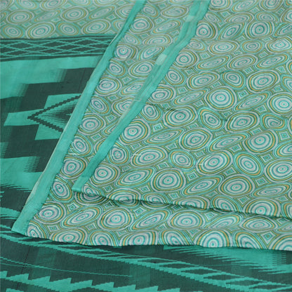 Sanskriti Vintage Sarees Sea-Green 100% Pure Silk Printed Sari 5yd Craft Sustainable Fabric