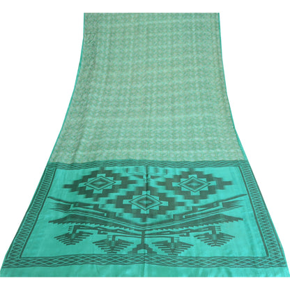 Sanskriti Vintage Sarees Sea-Green 100% Pure Silk Printed Sari 5yd Craft Sustainable Fabric