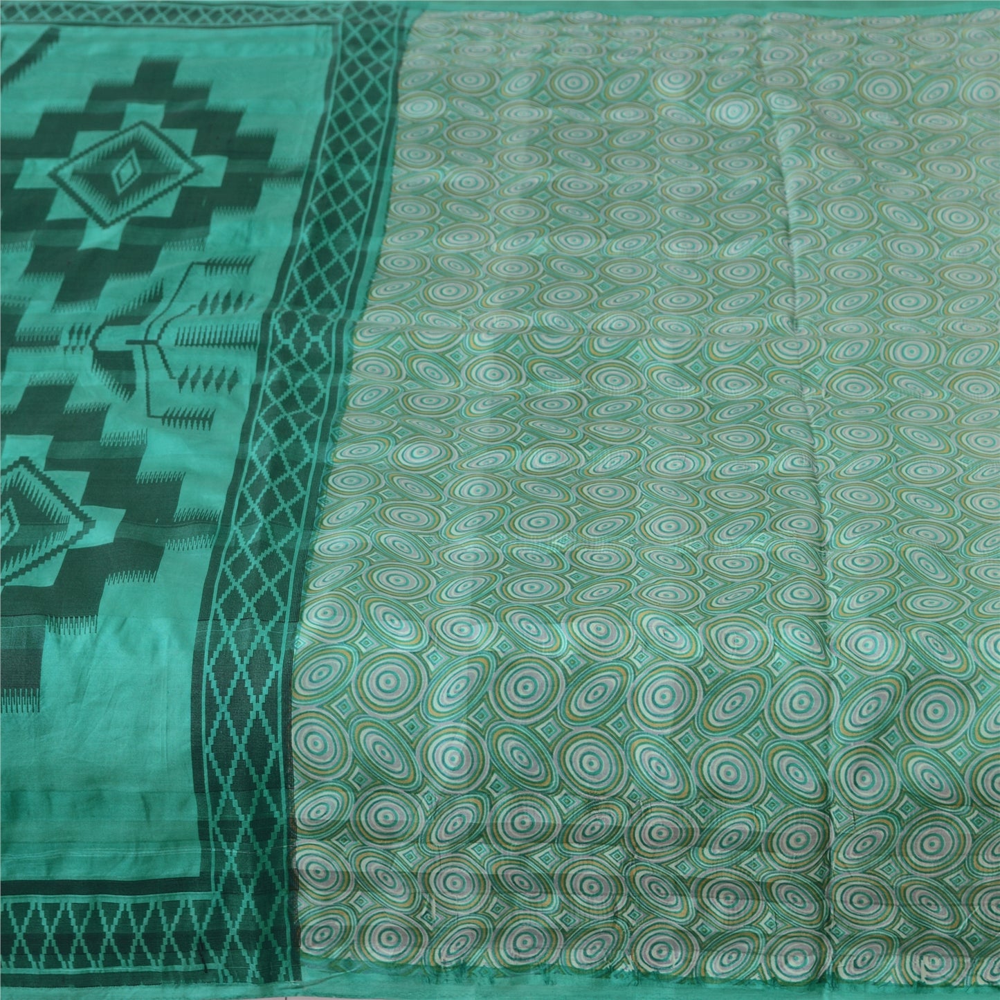 Sanskriti Vintage Sarees Sea-Green 100% Pure Silk Printed Sari 5yd Craft Sustainable Fabric