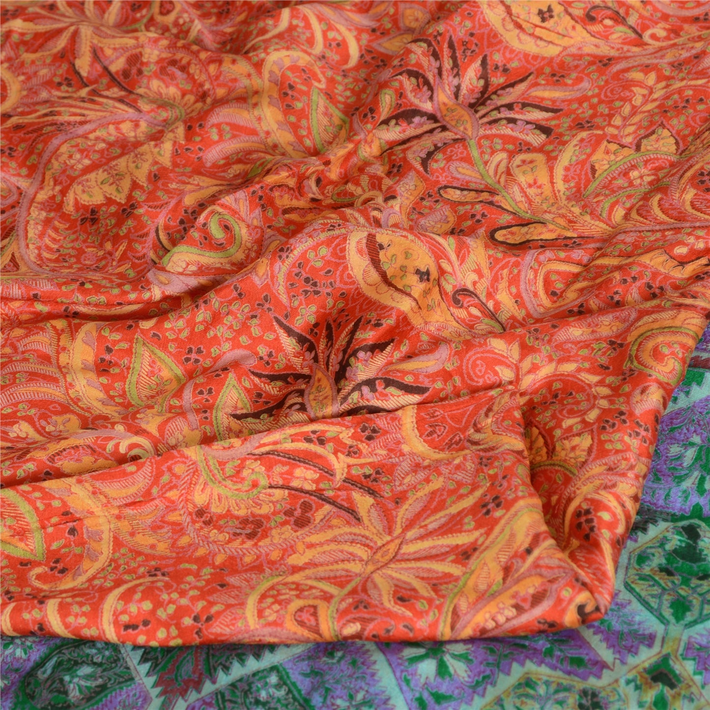 Sanskriti Vintage Sarees Red/Green 100% Pure Silk Printed Sari 5yd Craft Sustainable Fabric