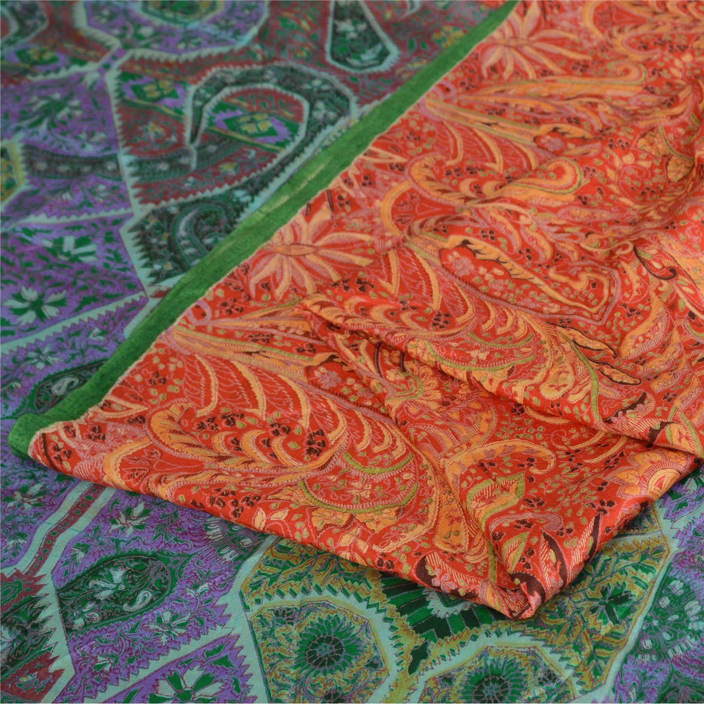 Sanskriti Vintage Sarees Red/Green 100% Pure Silk Printed Sari 5yd Craft Sustainable Fabric