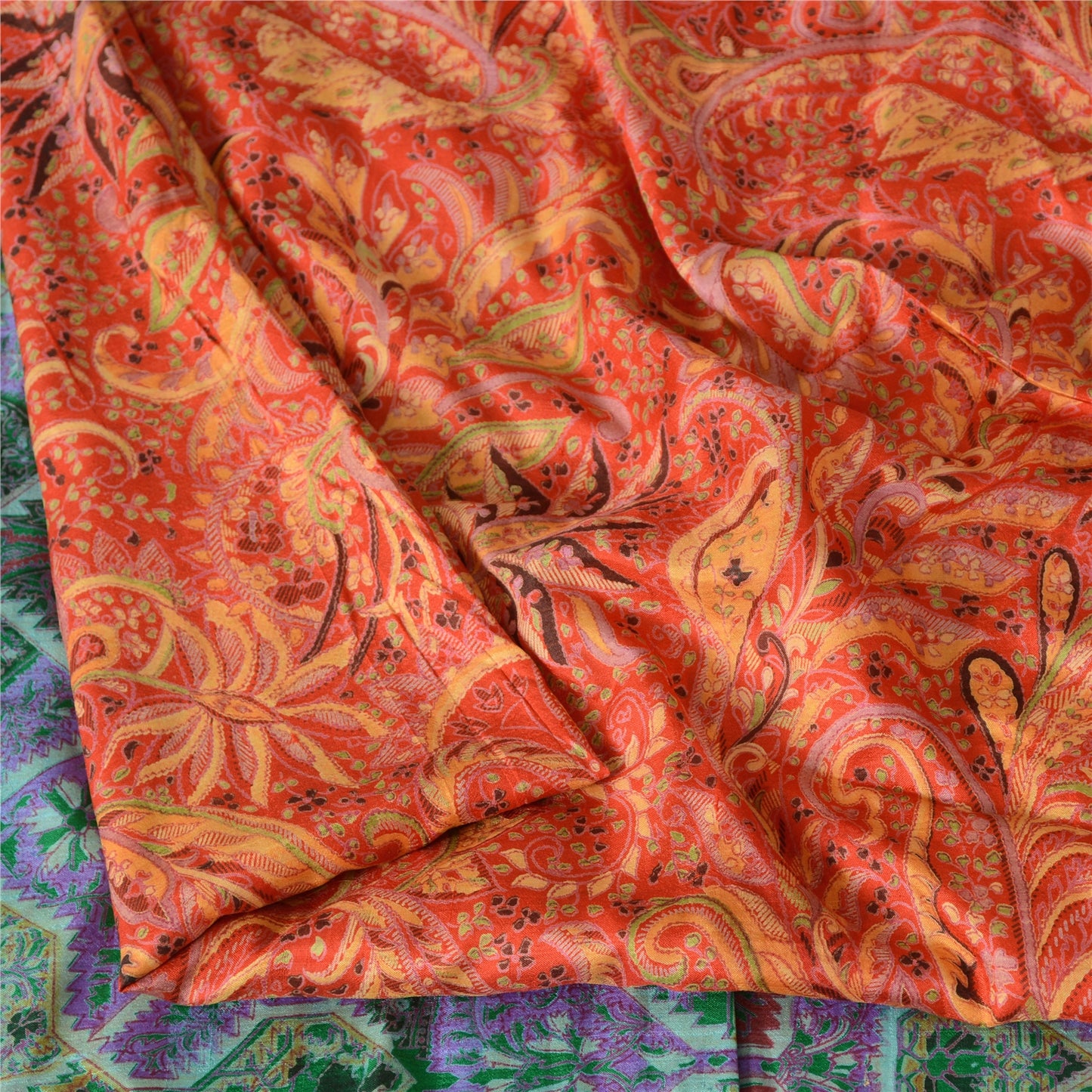 Sanskriti Vintage Sarees Red/Green 100% Pure Silk Printed Sari 5yd Craft Sustainable Fabric