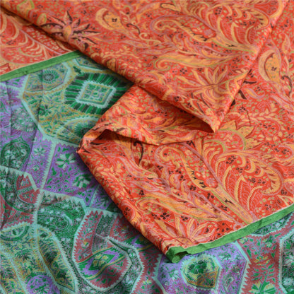 Sanskriti Vintage Sarees Red/Green 100% Pure Silk Printed Sari 5yd Craft Sustainable Fabric
