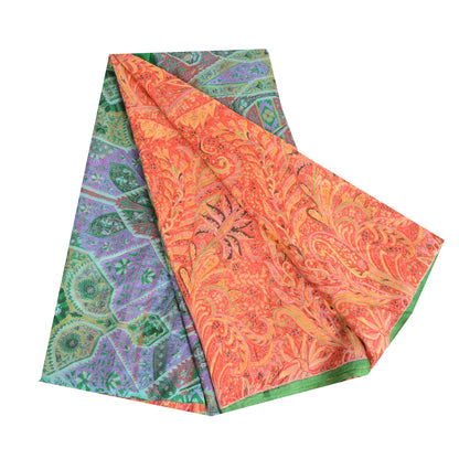 Sanskriti Vintage Sarees Red/Green 100% Pure Silk Printed Sari 5yd Craft Sustainable Fabric