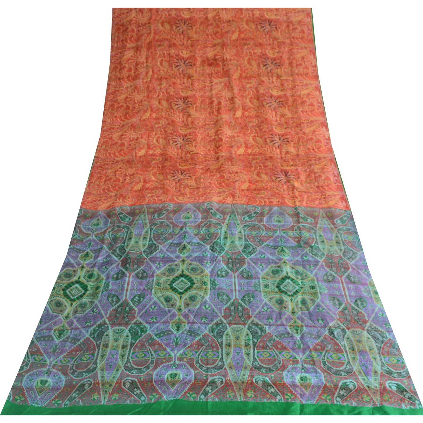 Sanskriti Vintage Sarees Red/Green 100% Pure Silk Printed Sari 5yd Craft Sustainable Fabric