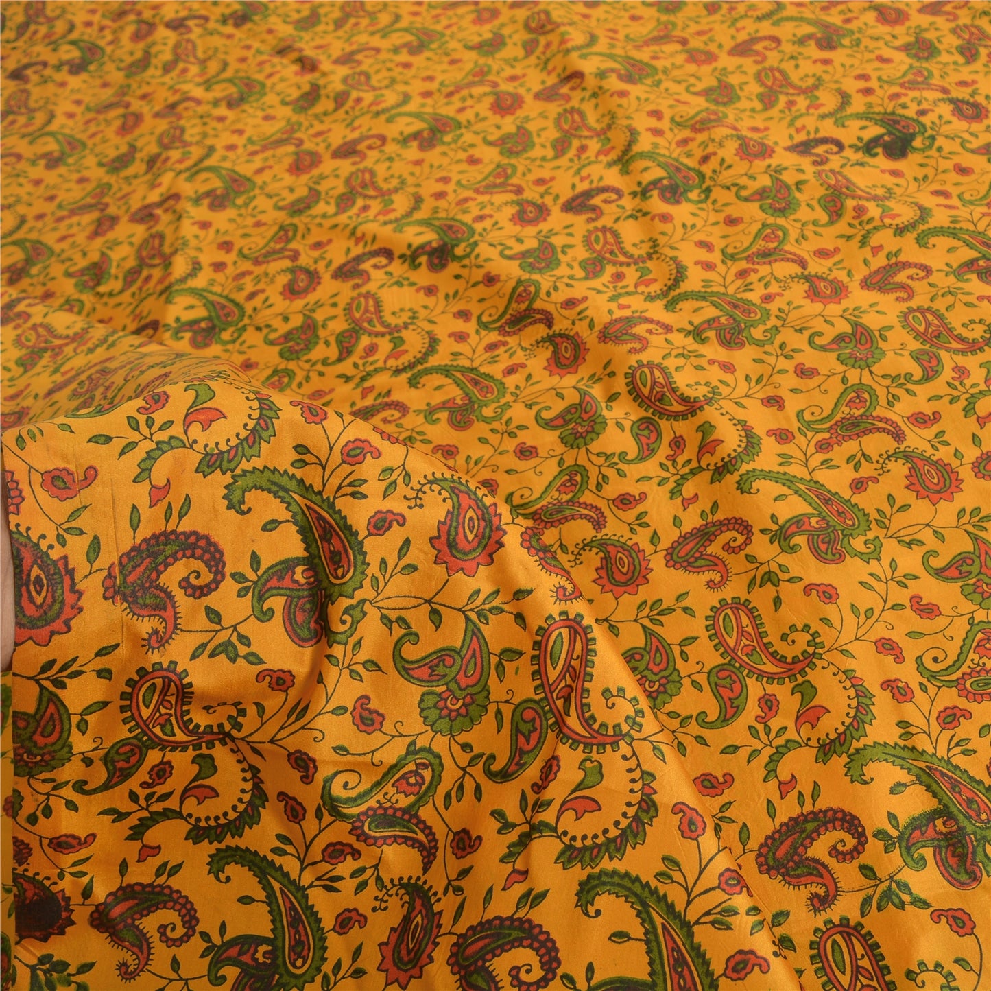 Sanskriti Vintage Sarees Yellow 100% Pure Silk Printed Sari 5yd Craft Sustainable Fabric
