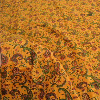 Sanskriti Vintage Sarees Yellow 100% Pure Silk Printed Sari 5yd Craft Sustainable Fabric