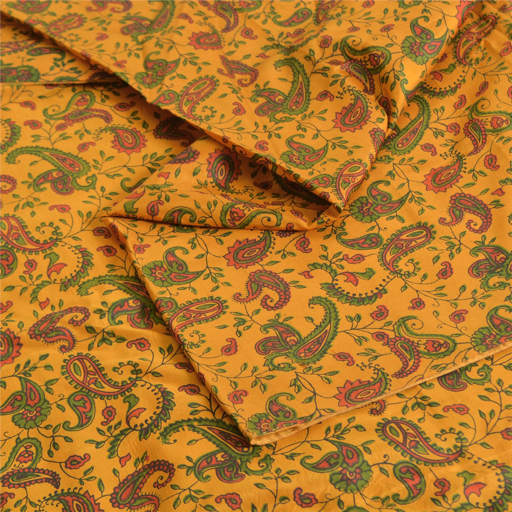 Sanskriti Vintage Sarees Yellow 100% Pure Silk Printed Sari 5yd Craft Sustainable Fabric