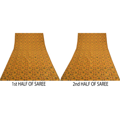 Sanskriti Vintage Sarees Yellow 100% Pure Silk Printed Sari 5yd Craft Sustainable Fabric