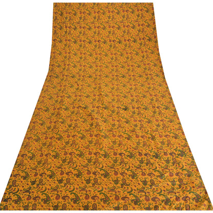 Sanskriti Vintage Sarees Yellow 100% Pure Silk Printed Sari 5yd Craft Sustainable Fabric