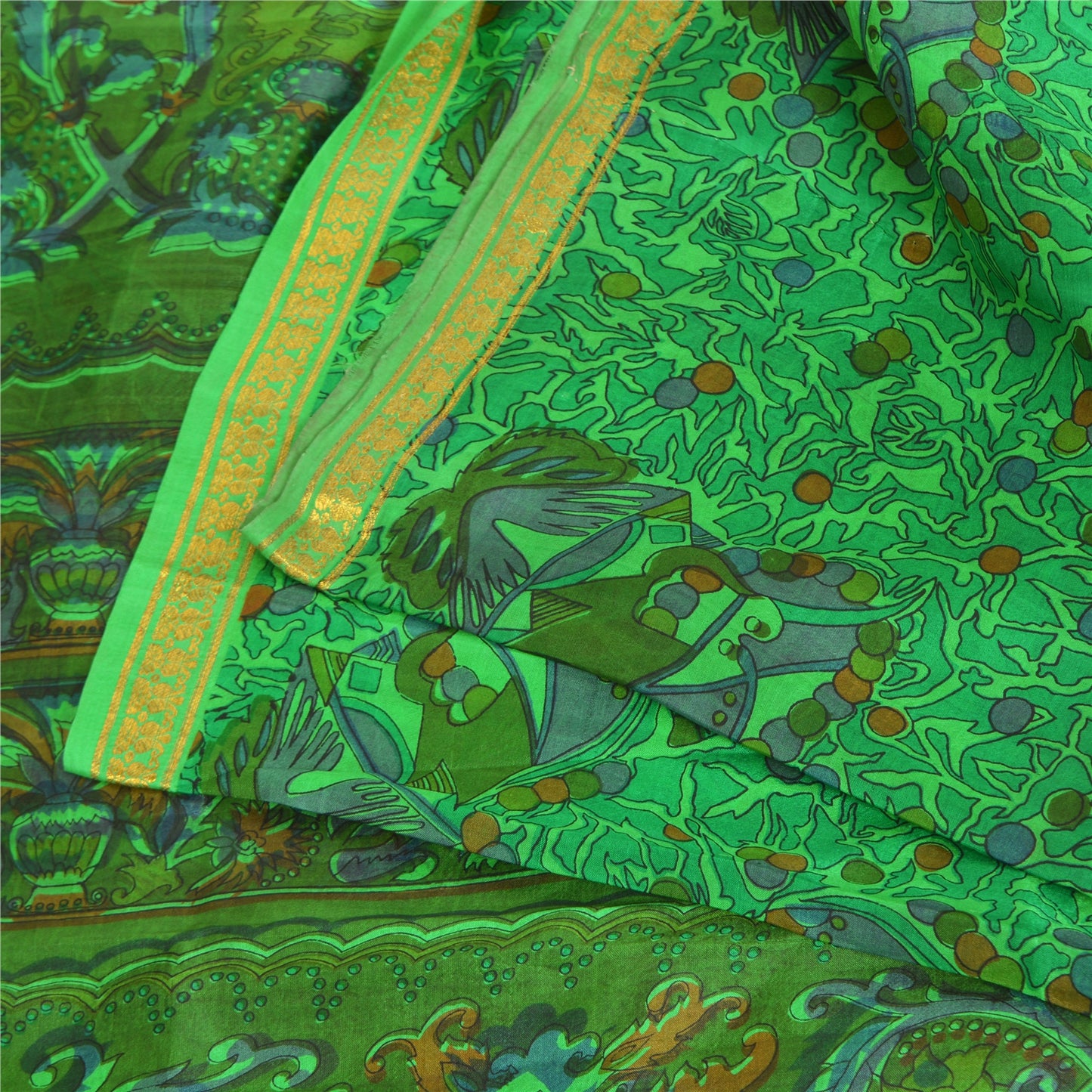 Санскритские винтажные сари зеленая кайма зари чистый шелк напечатанное сари ремесло устойчивая ткань
