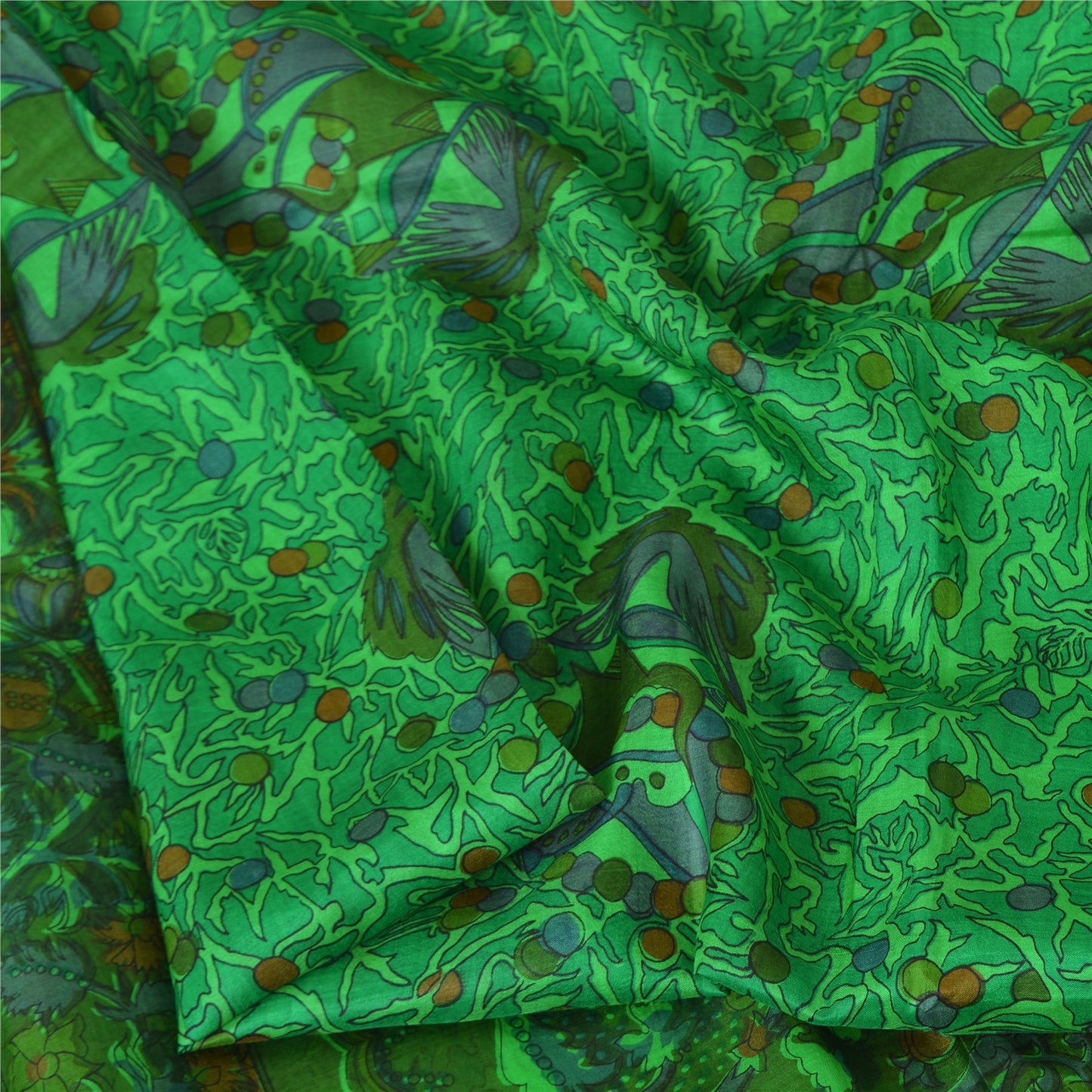 Санскритские винтажные сари зеленая кайма зари чистый шелк напечатанное сари ремесло устойчивая ткань