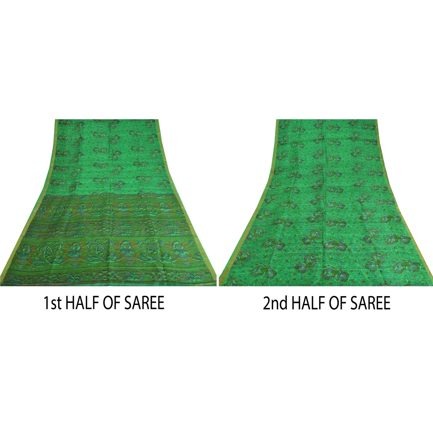 Санскритские винтажные сари зеленая кайма зари чистый шелк напечатанное сари ремесло устойчивая ткань