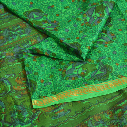 Санскритские винтажные сари зеленая кайма зари чистый шелк напечатанное сари ремесло устойчивая ткань