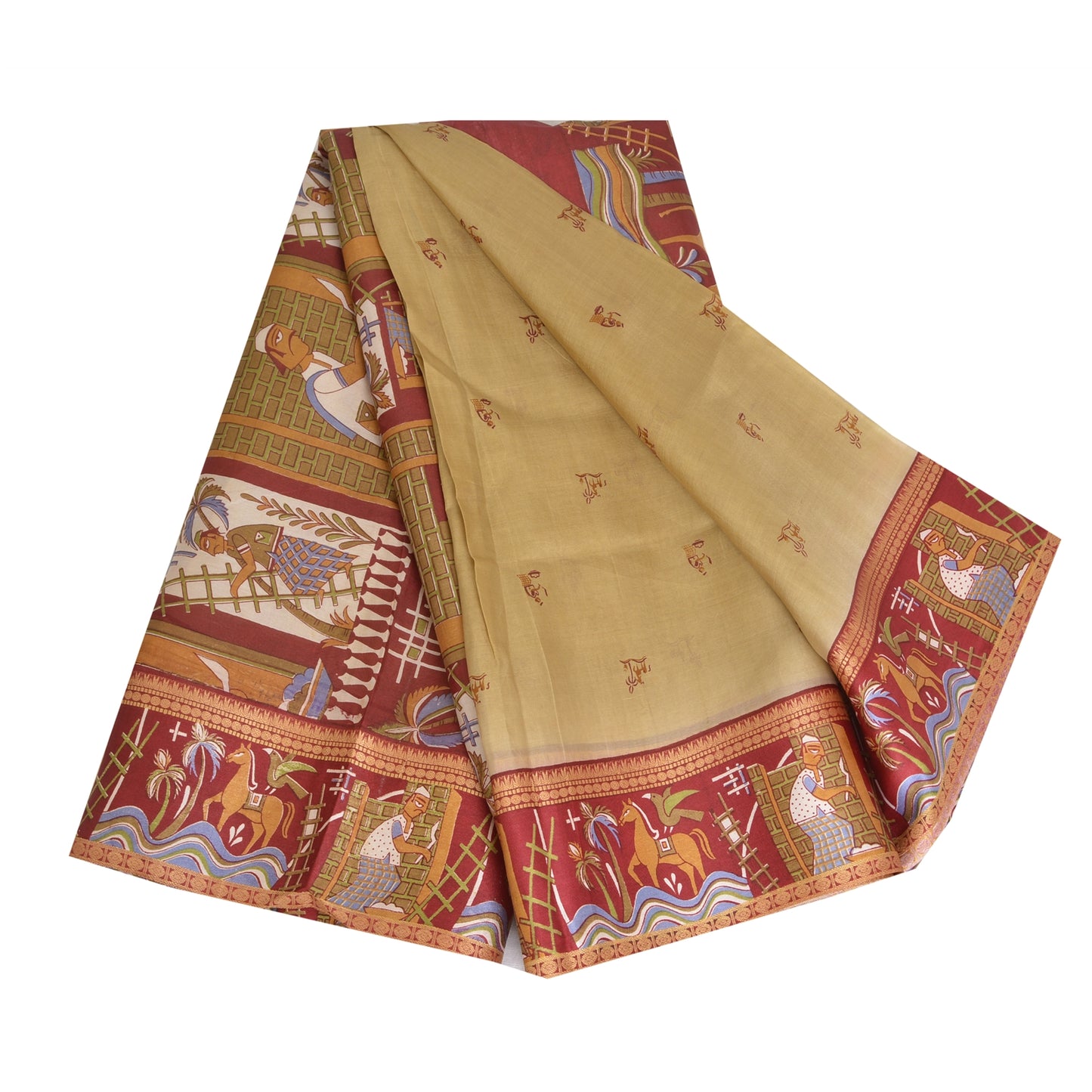 Sanskriti Vintage Sarees Green Pure Silk Human Animal Print Sari Craft Sustainable Fabric