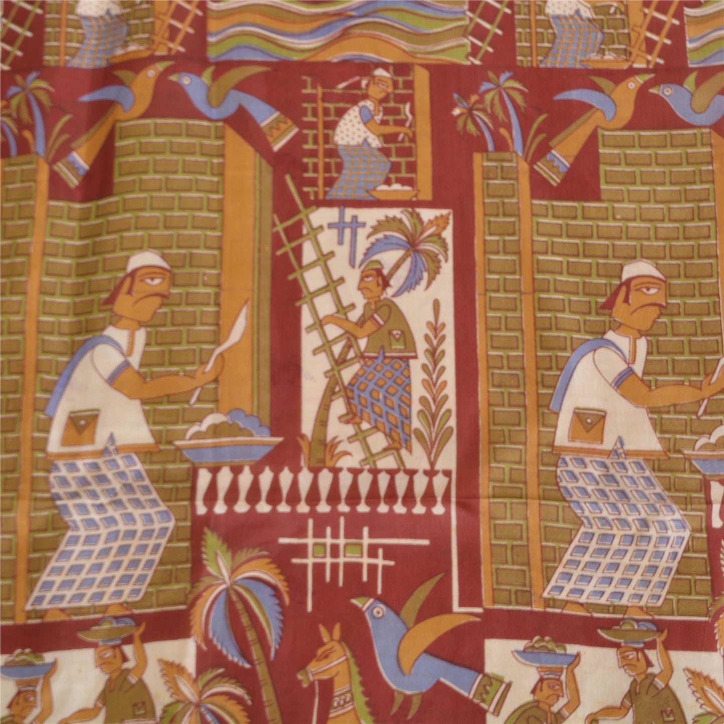 Sanskriti Vintage Sarees Green Pure Silk Human Animal Print Sari Craft Sustainable Fabric