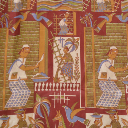 Sanskriti Vintage Sarees Green Pure Silk Human Animal Print Sari Craft Sustainable Fabric