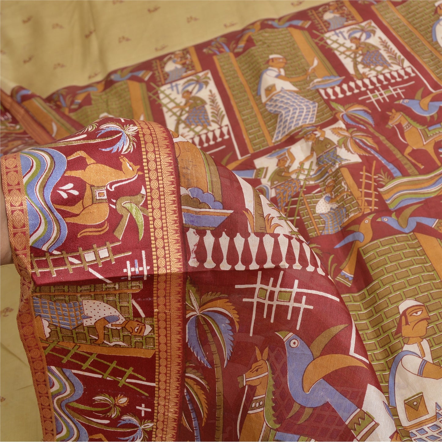 Sanskriti Vintage Sarees Green Pure Silk Human Animal Print Sari Craft Sustainable Fabric