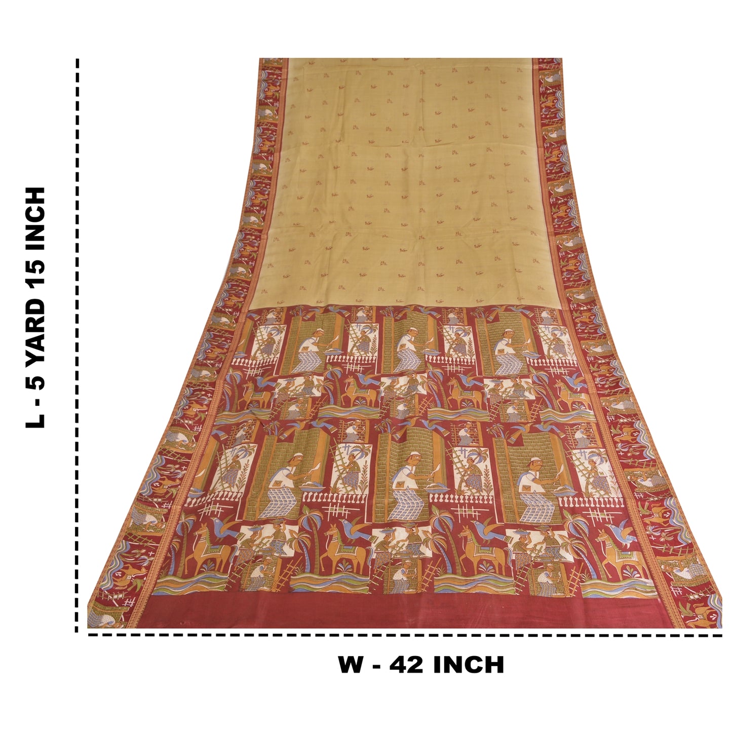 Sanskriti Vintage Sarees Green Pure Silk Human Animal Print Sari Craft Sustainable Fabric