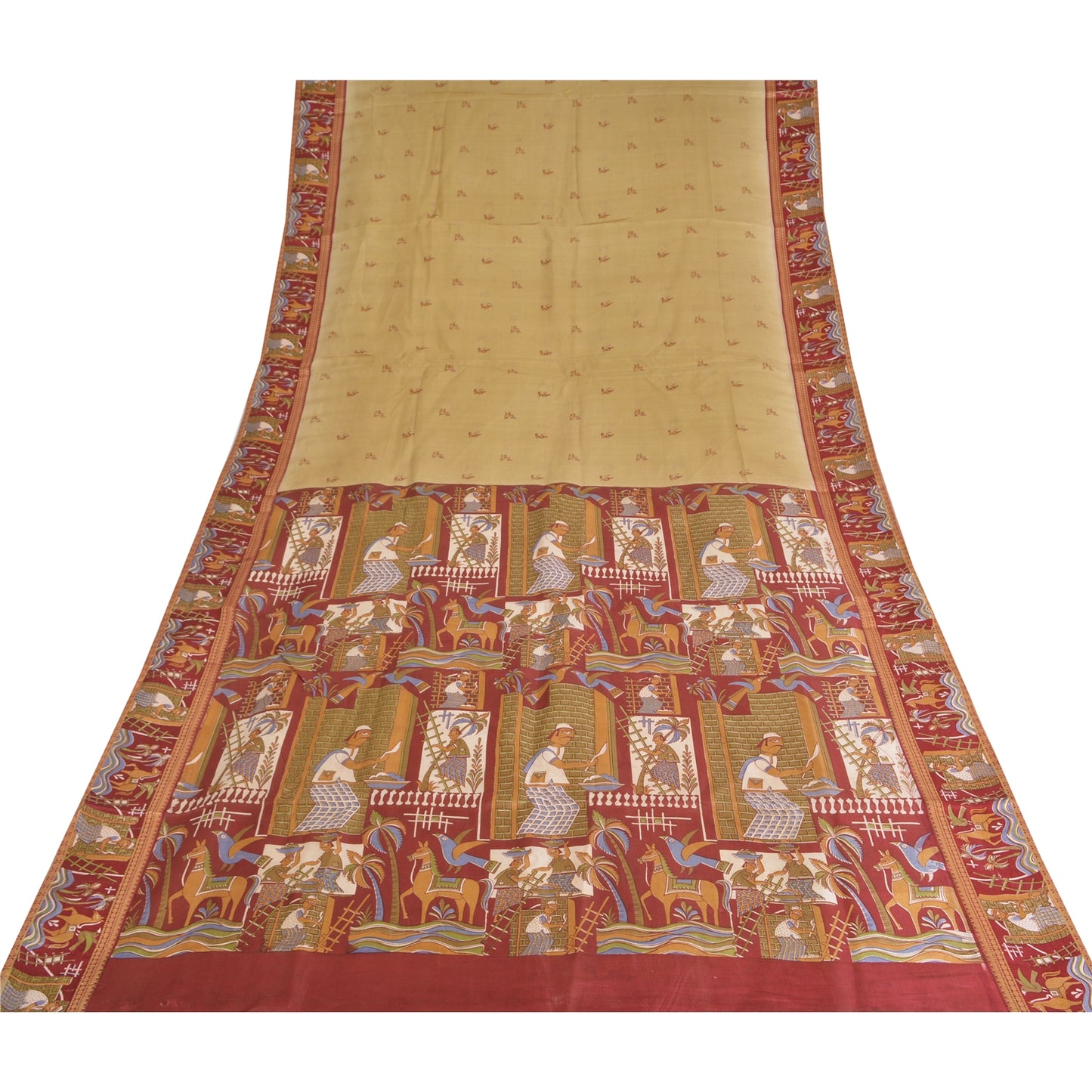 Sanskriti Vintage Sarees Green Pure Silk Human Animal Print Sari Craft Sustainable Fabric