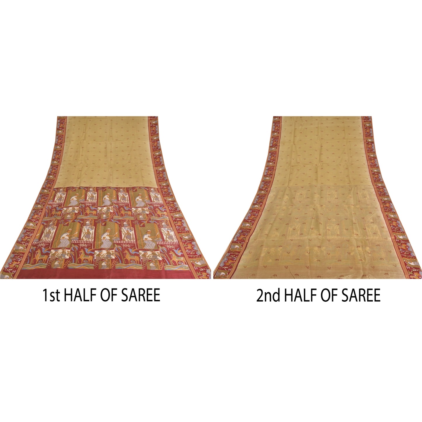 Sanskriti Vintage Sarees Green Pure Silk Human Animal Print Sari Craft Sustainable Fabric