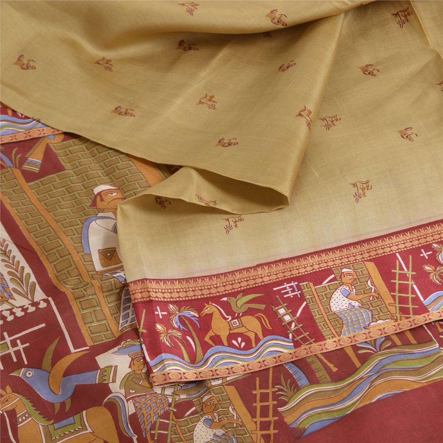 Sanskriti Vintage Sarees Green Pure Silk Human Animal Print Sari Craft Sustainable Fabric