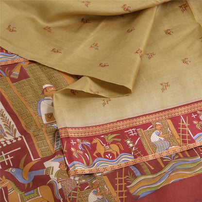 Sanskriti Vintage Sarees Green Pure Silk Human Animal Print Sari Craft Sustainable Fabric