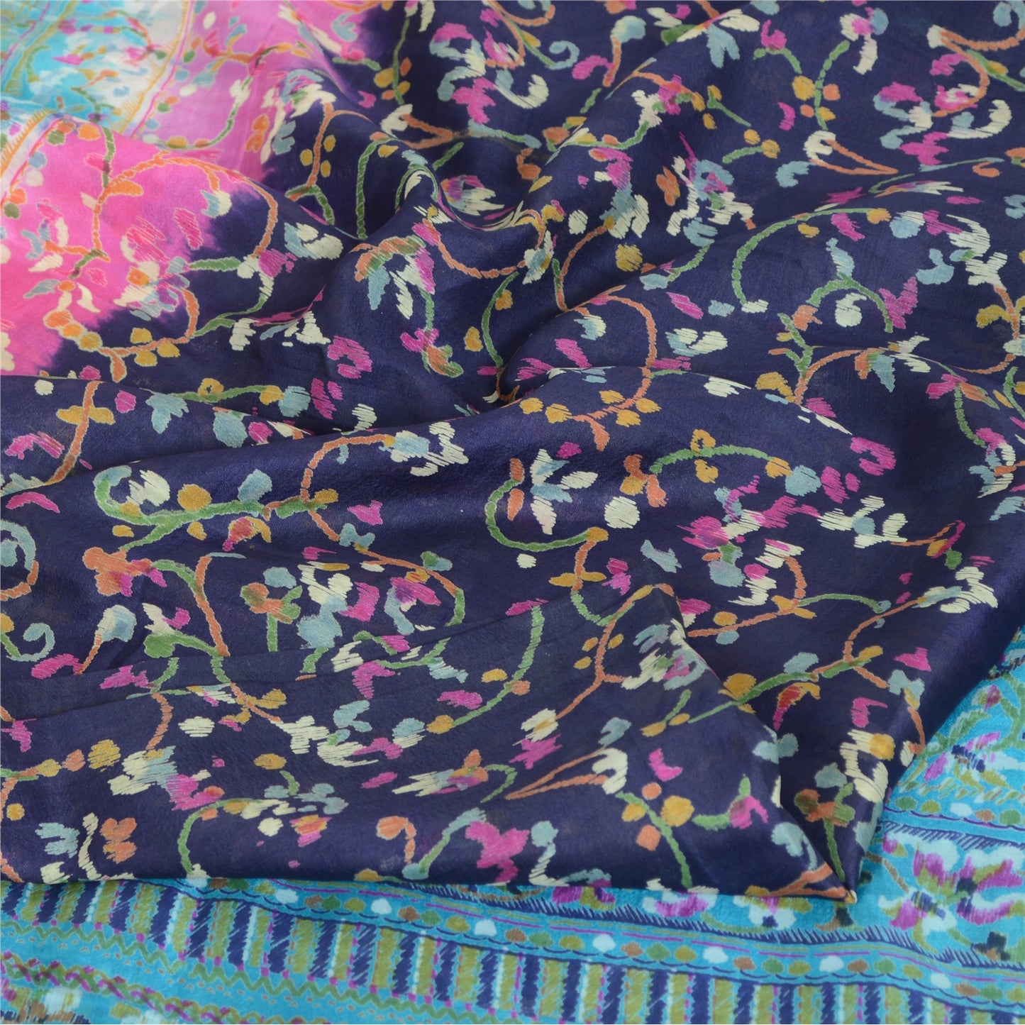 Sanskriti Vintage Sarees Blue From India Pure Silk Printed Sari 5yd Craft Sustainable Fabric