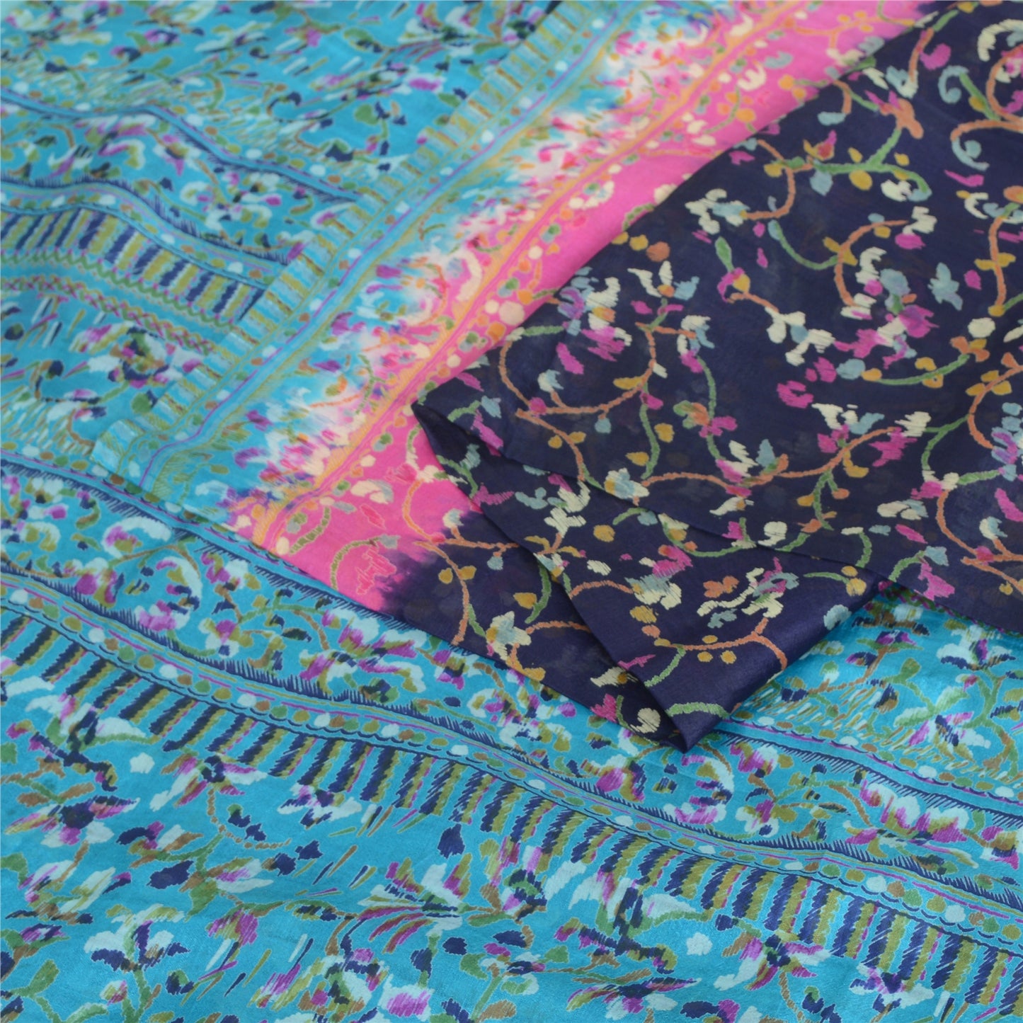 Sanskriti Vintage Sarees Blue From India Pure Silk Printed Sari 5yd Craft Sustainable Fabric