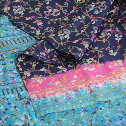 Sanskriti Vintage Sarees Blue From India Pure Silk Printed Sari 5yd Craft Sustainable Fabric