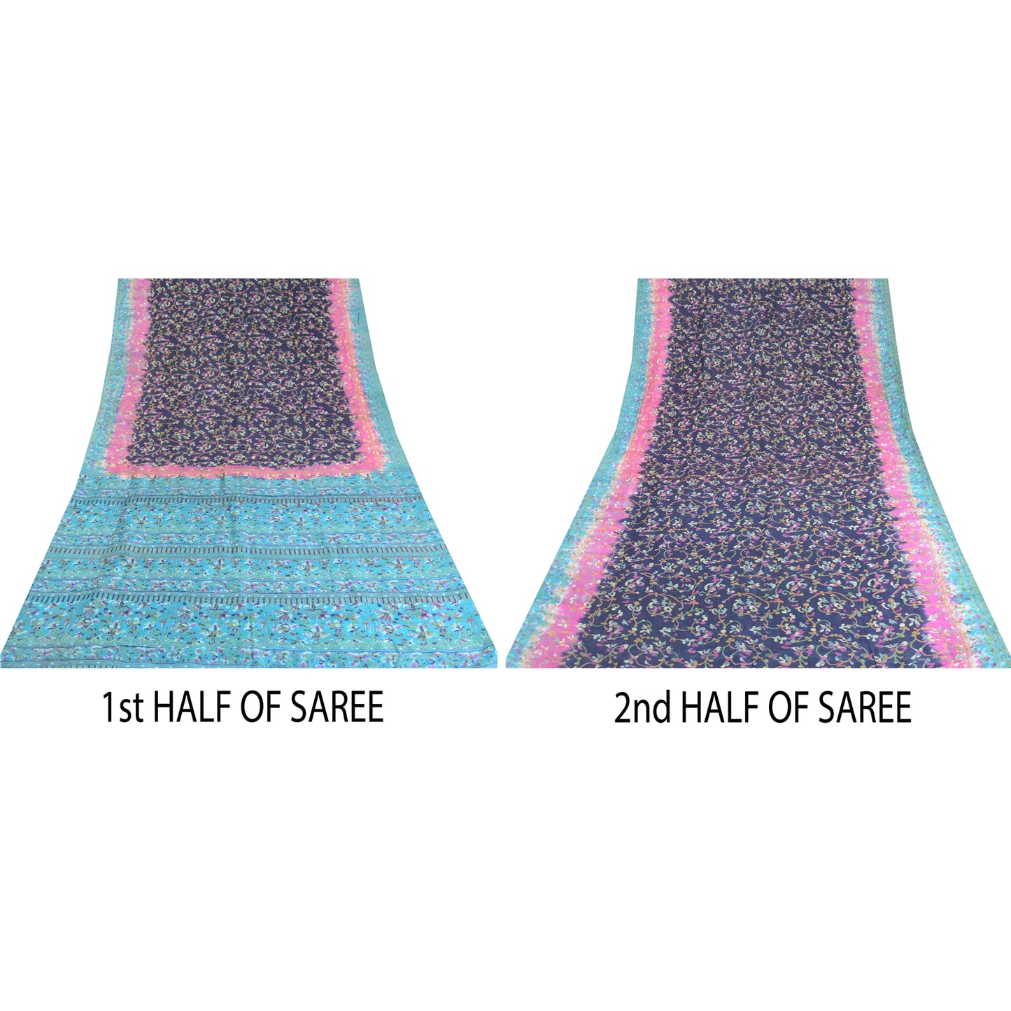 Sanskriti Vintage Sarees Blue From India Pure Silk Printed Sari 5yd Craft Sustainable Fabric