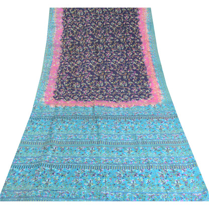 Sanskriti Vintage Sarees Blue From India Pure Silk Printed Sari 5yd Craft Sustainable Fabric