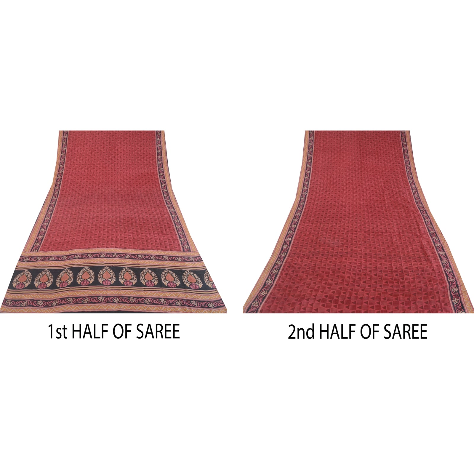 Sanskriti Vintage Saree Red & Blue 100% Pure Silk 5+Yd Saree Geometric Printed Sari Craft Fabric Home Decor, Sewing, DIY Projects