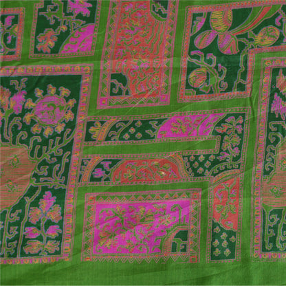 Sanskriti Vintage Sarees Green/Pink Zari Border Pure Silk Print Sari 5yd Sustainable Fabric