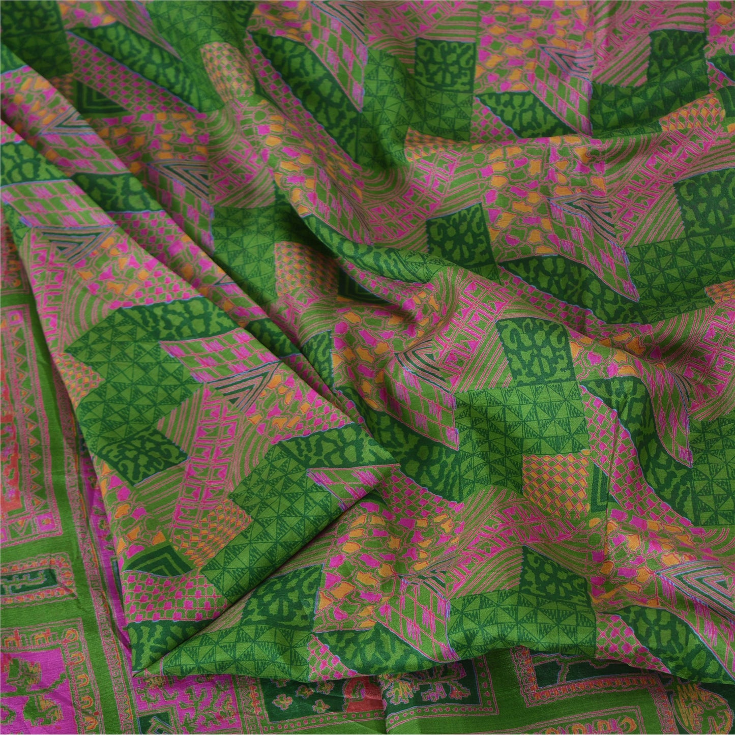 Sanskriti Vintage Sarees Green/Pink Zari Border Pure Silk Print Sari 5yd Sustainable Fabric