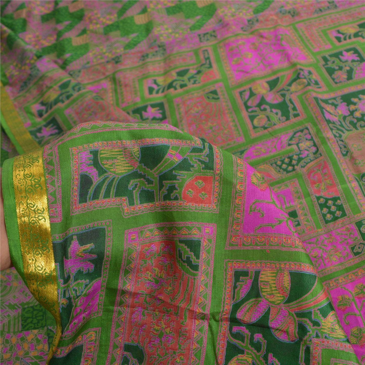 Sanskriti Vintage Sarees Green/Pink Zari Border Pure Silk Print Sari 5yd Sustainable Fabric