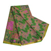 Sanskriti Vintage Sarees Green/Pink Zari Border Pure Silk Print Sari 5yd Sustainable Fabric