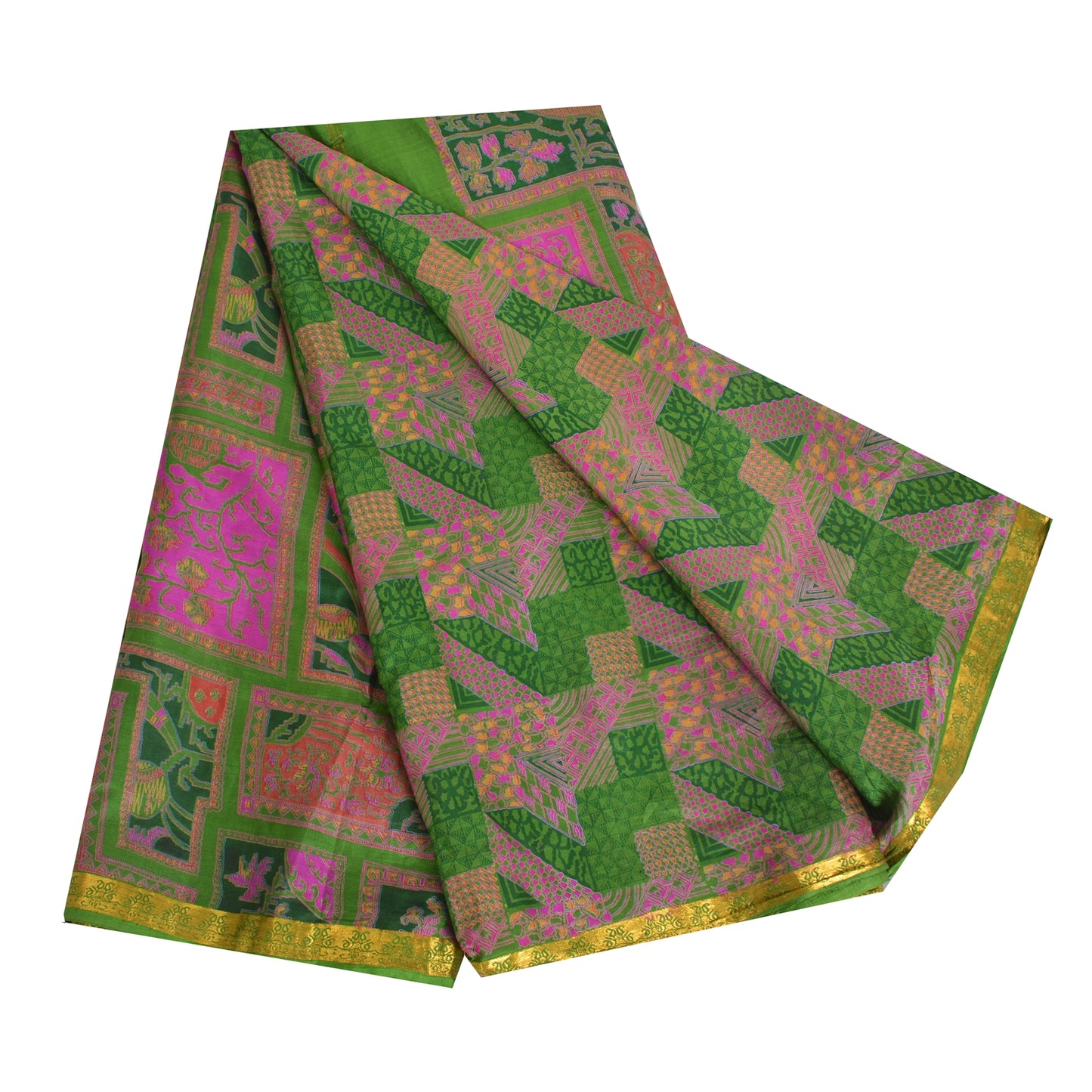 Sanskriti Vintage Sarees Green/Pink Zari Border Pure Silk Print Sari 5yd Sustainable Fabric